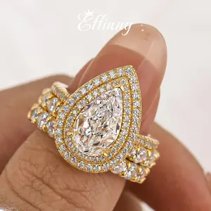 Effinny Jewelry Eternity Double Halo 3.5ct Pear Cut 3PC Golden Wedding Set, 925 Sterling Silver Promise Ring, 5A Cubic Zirconia Bridal Ring for Women