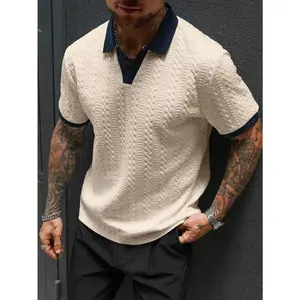 Manfinity CasualCool Men's Contrast Color Short Sleeve Casual Commuter Polo Shirt Men Knitted Polo Shirt Cream Polo Shirt Men Mens V Neck Knitted Shirt Mens Short Sleeve Sweater Polo Mens Textured Polo Shirt Old Money