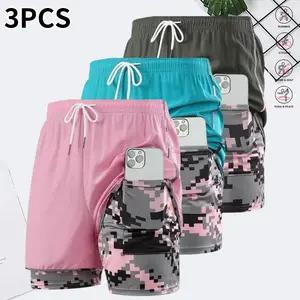 3-pack women’s summer shorts: double-layer faux two-piece mid-length compression shorts that are breathable and quick-drying, featuring an elastic drawstring waist; faux two-piece design; suitable for fitness training, casual wear, sports, and running.