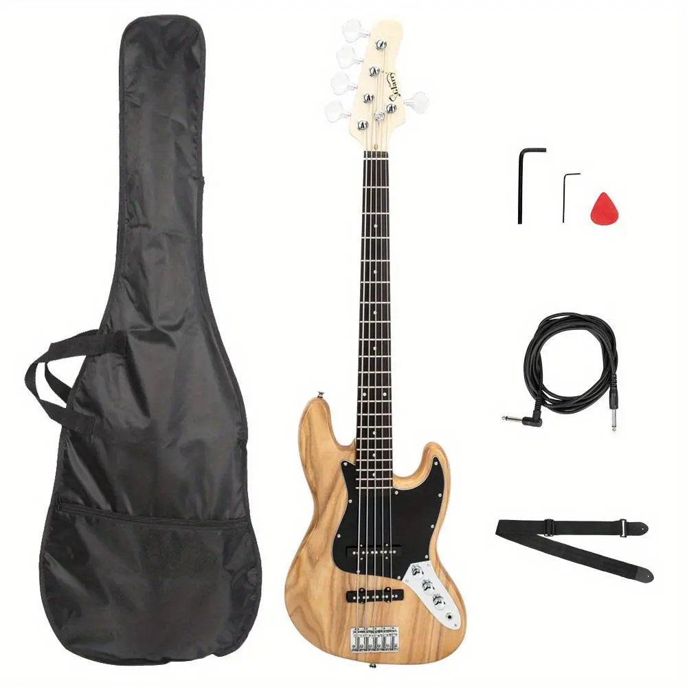 Gjazz Full-Size 5-String Electric Bass Guitar Kit - Burlywood Professional Musical Instrument with Bag, Strap, Pick, Connector, Wrench Tool, Adjustable Gear