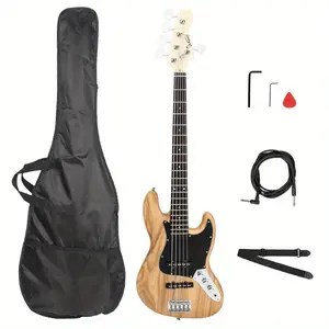 Gjazz Electric 5 String Bass Guitar Full Size with Bag Strap Pick Connector Wrench Tool Burlywood Professional Music Gear Reliable Instrument Adjustable