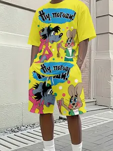 Men's 3D Digital Printed Two-piece Set, Cartoon Wolf and Rabbit Polka Dot Casual Outfit, Trendy Retro Leisure Suit, Stylish Vacation Wear, Breathable Sports Casual Style, Ideal Holiday Gift for Men, 2 Pieces