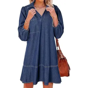 Women's Casual Baby Doll Style V-Neck Three-Quarter Length Puff Sleeve Denim DressDenim Dress for Women Fashion Fall Casual Babydoll 2025 V Neck 3/4 Puff Sleeve Jean Dresses