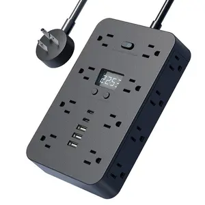 Surge Protector Power Strip, Flat Plug Extension Cord with Time Display, 16 Outlets & 6 USB Ports(2 USB C Ports), 5/10 Feet Power Cord, Room Accessories