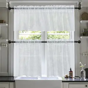 3 Panels Rod Pocket Elegant Sheer White Mesh Kitchen Window Curtain Set – 2-Piece Tiers and Valance for Light Filtering, Privacy, and Decorative Home Accents – Perfect for Farmhouse, Modern, or Classic Interiors