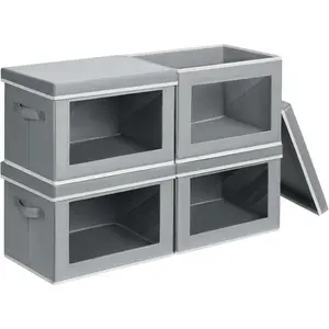 Storage Bins with Lids - Fabric Closet Storage Bins with Window, Collapsible Baskets for Shelves 4 Pack, Home Decorative Boxes for Clothes, Closet, Office, Grey
