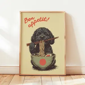 [UNFRAMED POSTER] Bon Appetit Kitchen Print of a Black Cockapoo Dog in Japanese Ukiyo-e Style - Kitchen Quotes, Colourful Kitchen Wall Art, Dining Room Decor