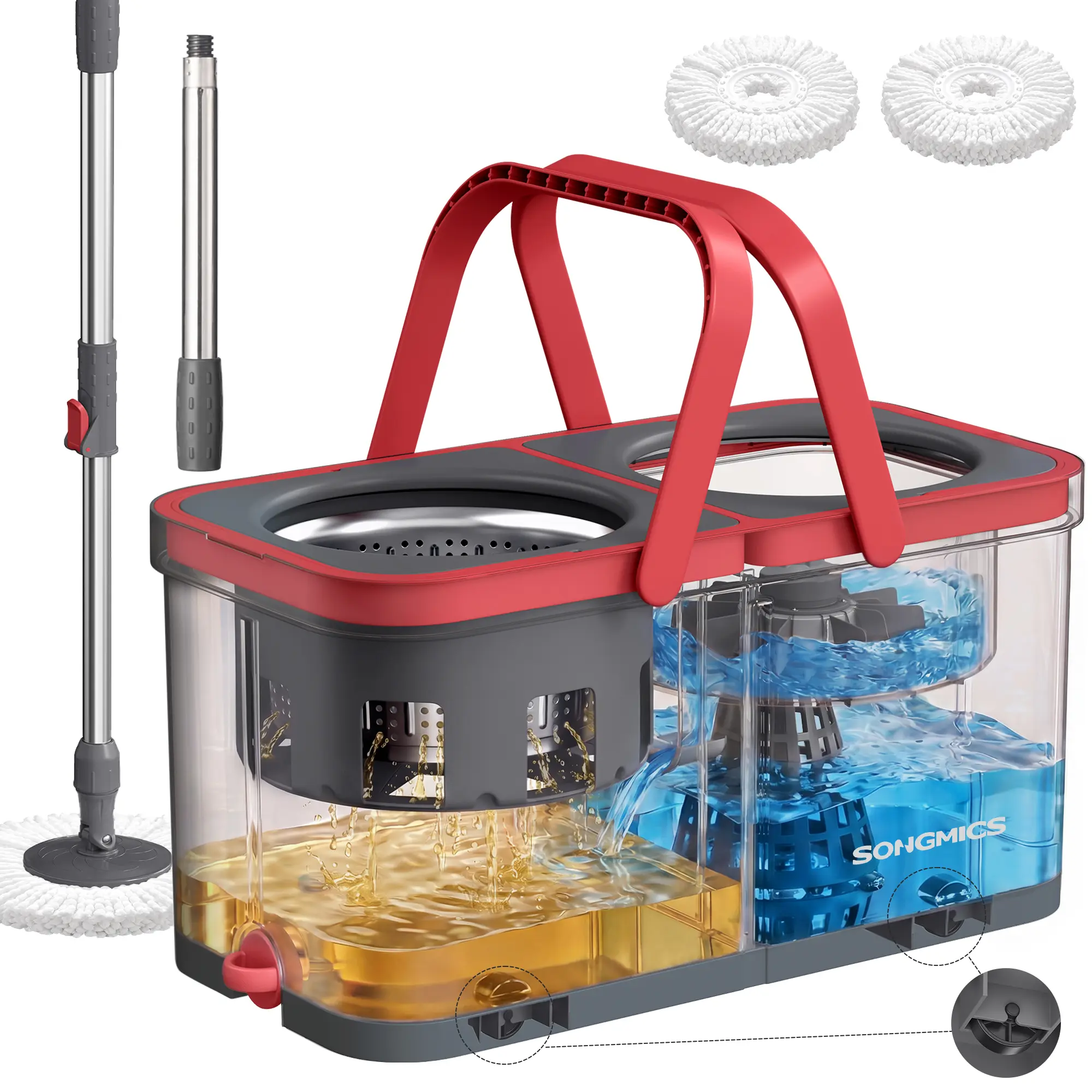 SONGMICS Spin Mop and Bucket Set,  Washable Microfiber Mop Heads, Wheels | Separate Clean and Dirty Water, Stainless Steel Wringer, 18.7 x 10 x 9.5 Inch