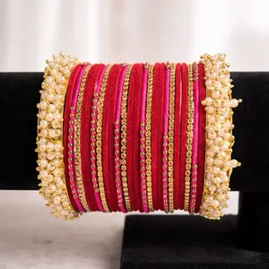 Gajra Bangles - Red Velvet with Gold Beads and Pearl Accents for Festive Wear