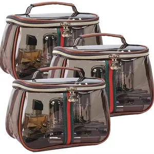 3PCS New Retro Vintage Vanity Bag, Clear Makeup Organizer with Handle,Large Capacity Waterproof Makeup Organizer bag with Zipper,Travel Cosmetic & Skincare Storage Case for Ladies (Coffee)