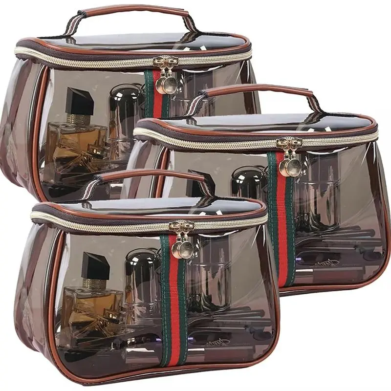 3PCS New Retro Vintage Vanity Bag, Clear Makeup Organizer with Handle,Large Capacity Waterproof Makeup Organizer bag with Zipper,Travel Cosmetic & Skincare Storage Case for Ladies (Coffee)
