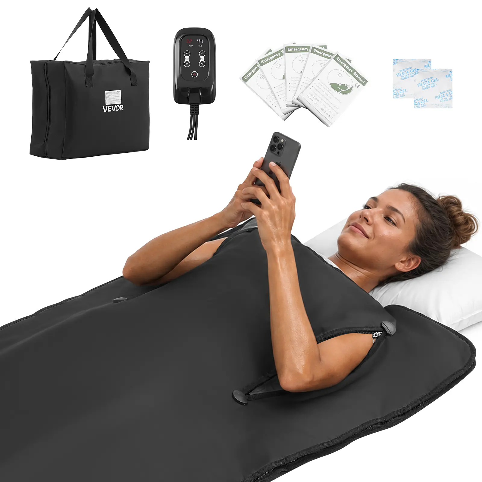 VEVOR Infrared Sauna Blanket with Armholes, 71 x 32 in Portable Sauna Bag, Even Heating for Home Detox & Relaxation, Temp Control & Timer, Lightweight Oxford Fabric Heating Wrap with Carry Bag, Black