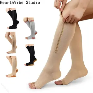 Stretchy Leg Support Zipper Medical Socks & Open Toe Zipper Stocking Compression Zip Sox Socks for Varicose Veins Edema Swollen