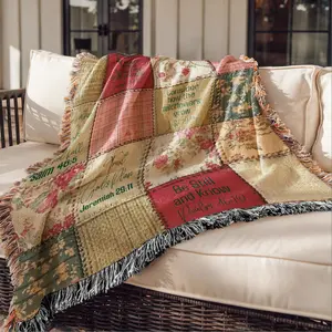 Cottage Core Patchwork Style Scripture Woven Blanket, 50" x 60" Bible Verse Throw, Religious Christian Gift