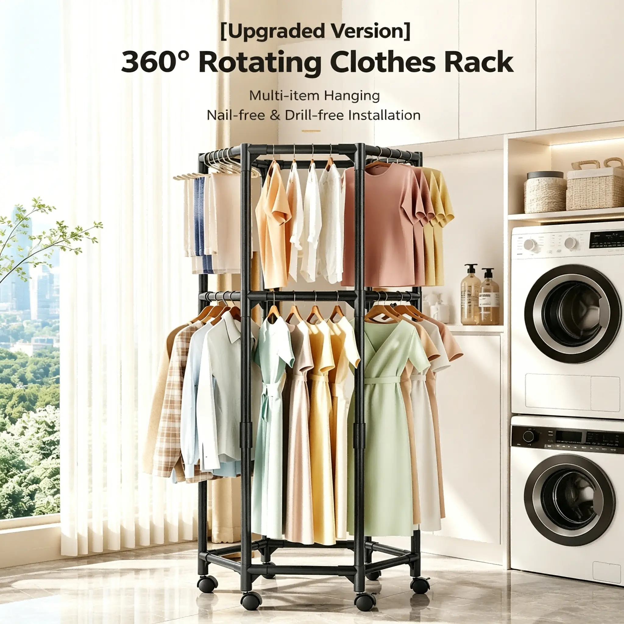 6-Arm Metal Clothes Drying Rack with Wheels, 360° Rotating Wash Rack, Large Capacity Space-Saving, Tool-Free Easy Assembly, Home Organizer for Apartment Laundry Room, Balcony Use