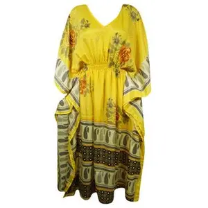 Boho Beach Maxi Kaftan Golden Yellow Silk Caftan Dress, L-2X