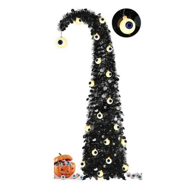 5FT Black Halloween Pop Up Christmas Tree with Eyeball String Lights | Whimsical Curved Tinsel Tree, 30 Warm White Eyeball Lights, 6H Timer, Foldable Design; Apartment, Porch, Party, XMAS Decor