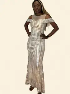 Opulent Sequin Gown - Off-Shoulder Striped Design for Formal Events
