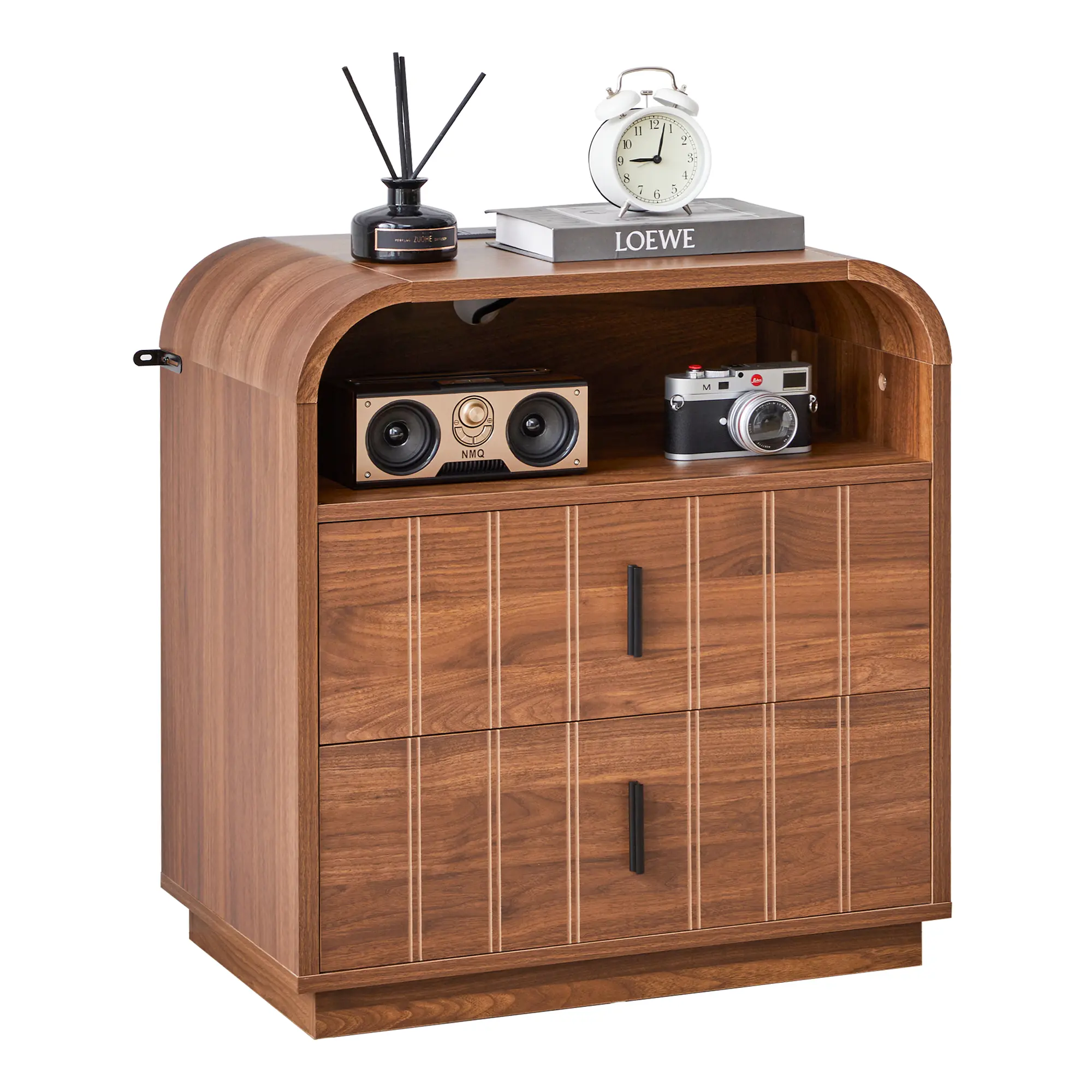 FurSch Modern Curved Nightstand with Charging Station – 24" Walnut Bedside Table Featuring 2 Drawers & Open Shelf, Large Wooden Side Table for Bedroom, Living Room, or Office