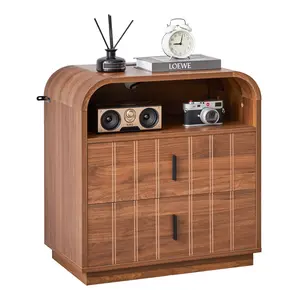 Giratree Modern Curved Nightstand with Charging Station – 24" Walnut Bedside Table Featuring 2 Drawers & Open Shelf, Large Wooden Side Table for Bedroom, Living Room, or Office