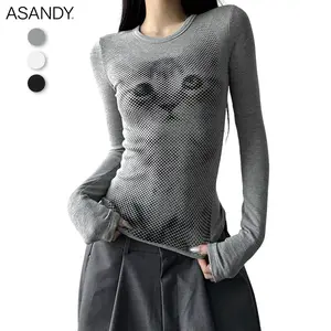 ASANDY Black Cat Print Long Sleeve Top Slim Fit Crop T Shirt Y2K Grunge Aesthetic Cute Animal Graphic Casual Wear Acrylic Fabric High Manganese Pickling
