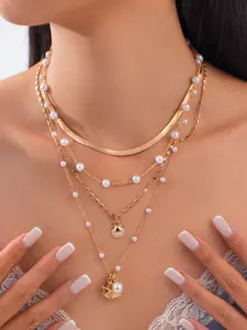 Vintage Beach Shell Conch Pendant Necklace Set, Elegant Multi-Layer Fashion Jewelry, Pearl & Shell Choker Chain, All-Season Accessory
