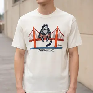 Funny Cat on Golden Gate Bridge Graphic T-Shirt Ryan Gosling Inspired San Francisco Landmark Soft Washed Cotton Tee Vintage Retro Cartoon Cat Lover Oversized Crewneck Souvenir Apparel Gift For Movie Fan California Travel Vibes
