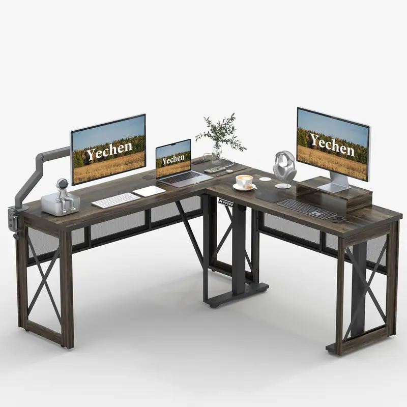 L Shape Standing Desk, Electric Corner Desk Height Adjustable, 61x60 Computer Desk with 4-in-1 Outlet, for Work Home Office, Livestreaming, Gaming, Light Oak