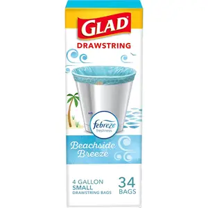Glad Small Trash Bags 4 Gallon, Febreze Beachside Breeze Garbage Bags, Odor Resistant with Drawstring, 34 Count