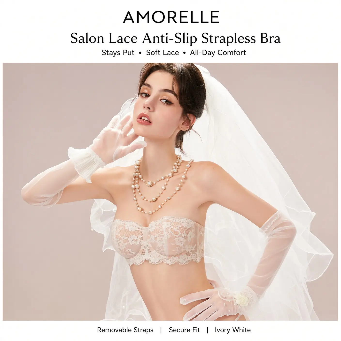 AMORELLE Strapless Lace Bandeau Bra for Women, Non-Slip  Convertible Bralette with Removable Straps, Push Up Full Coverage,  7 Ways to Wear, 32A-38D
