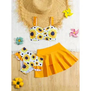 Girls' Bikini Set with Sunflower Print, Ruffle Straps + Swim Skirt, 3pcs, Perfect for Beach Vacation