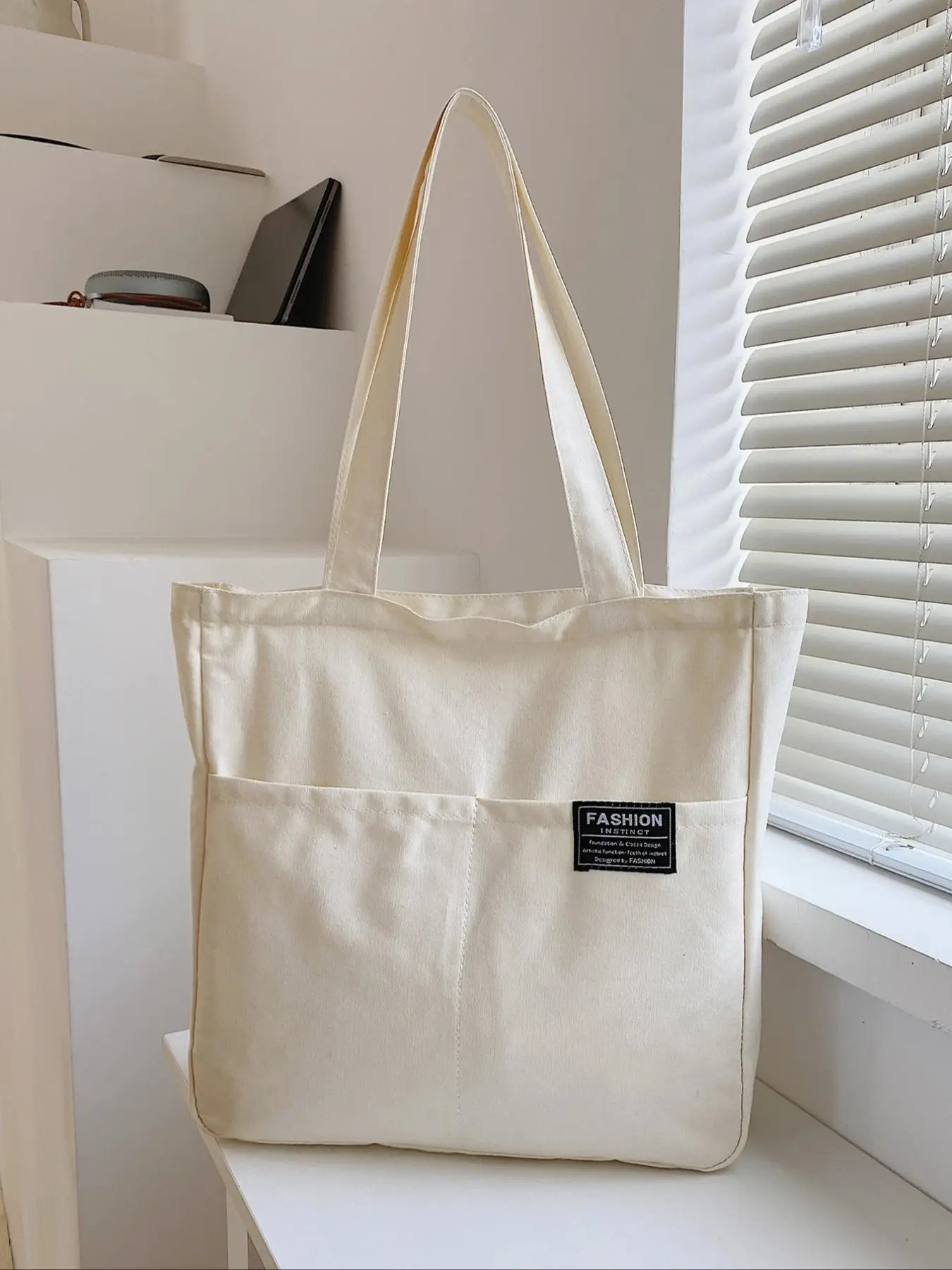 Women's Letter Label Decor Canvas Tote Bag, Simple Design Pocket Decor Shoulder Bag, Fashionable Patched Design Shoulder Tote Bag for Work & Daily Use