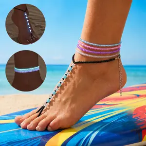 5Pcs Bohemian Glow-in-the-Dark Beaded Anklet Set, 4Pcs Elastic Handmade Colorful Luminous Mini Rice Beads Ankle Chain Bracelet & 1Pc Black Beads Toe Ring Adjustable Foot Chain Stackable Beach Vacations & Festive Celebrations Chain Jewelry