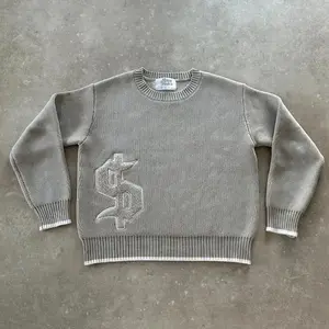 Y2K Grey Long Sve Sweater USD Gothic Embroidered Hoodie Gothic Retro Casual Streetwear Old Money Men's Square Knitted Clothing