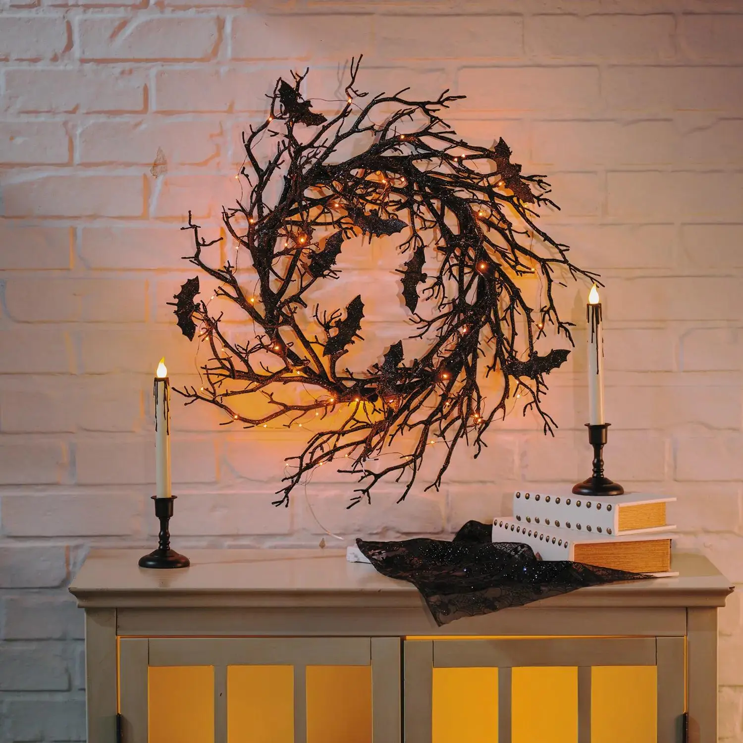 Light-Up Black Bat Plastic Wreath Halloween Decoration, 26"