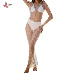 Women Bikini Cover Long Sleeve Dress with Pearl Decoration, See Through Skinny Version Clothing body  con