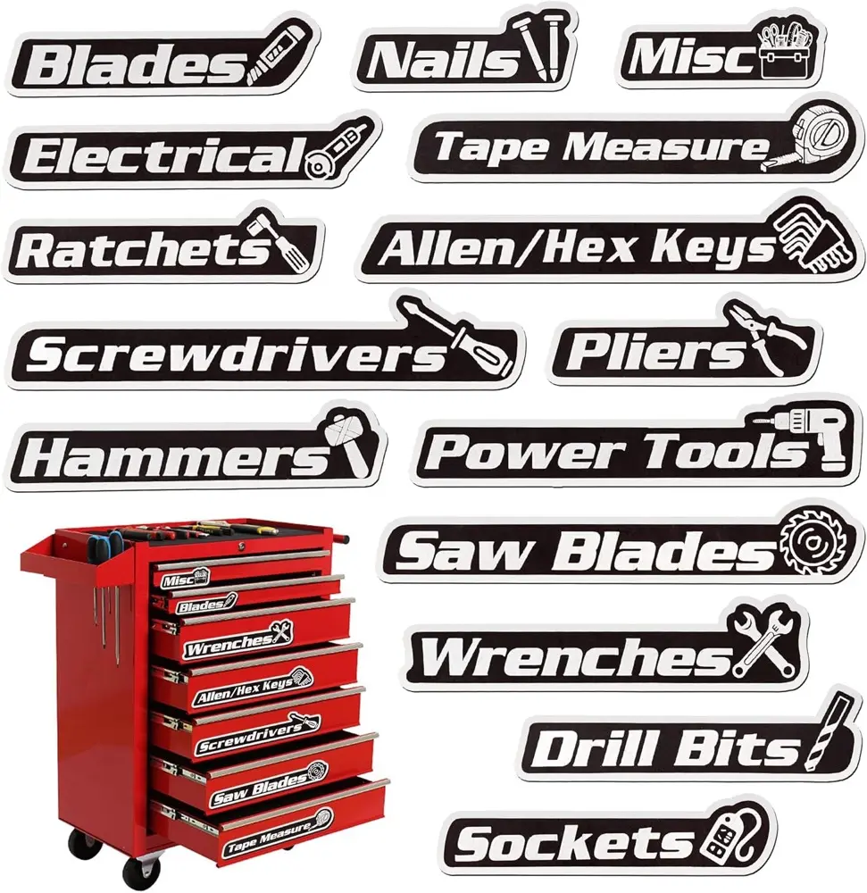 Magnetic Tool Box Labels 15 Pack, Reusable Magnetic Toolbox Labels Suitable for Garage Organization, Tool Cabinets, and Mechanic Carts