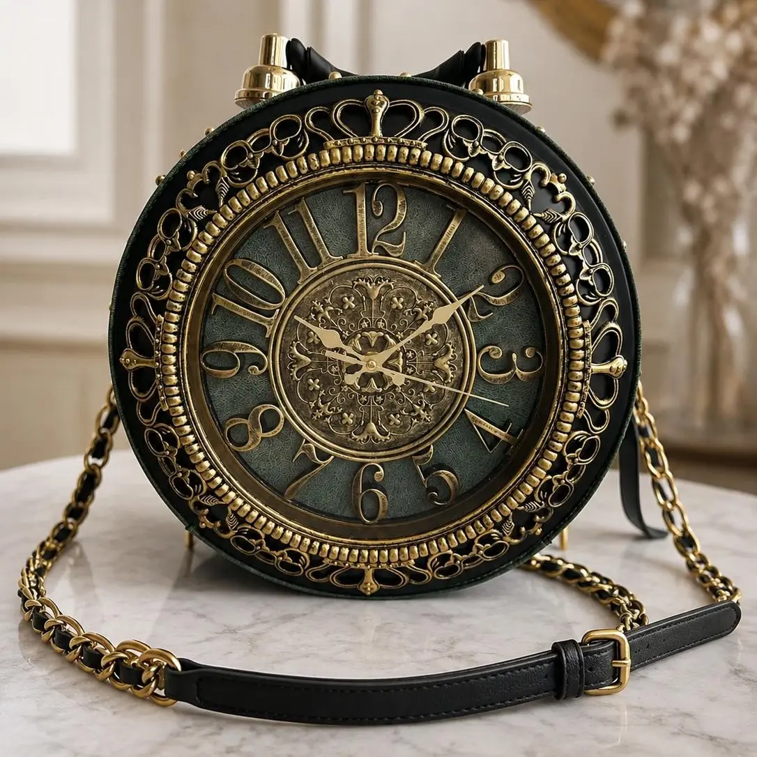 Vintage Clock-Shaped Crossbody Bag | Retro Gold Black Novelty Handbag | Aesthetic Statement Shoulder Purse for Women