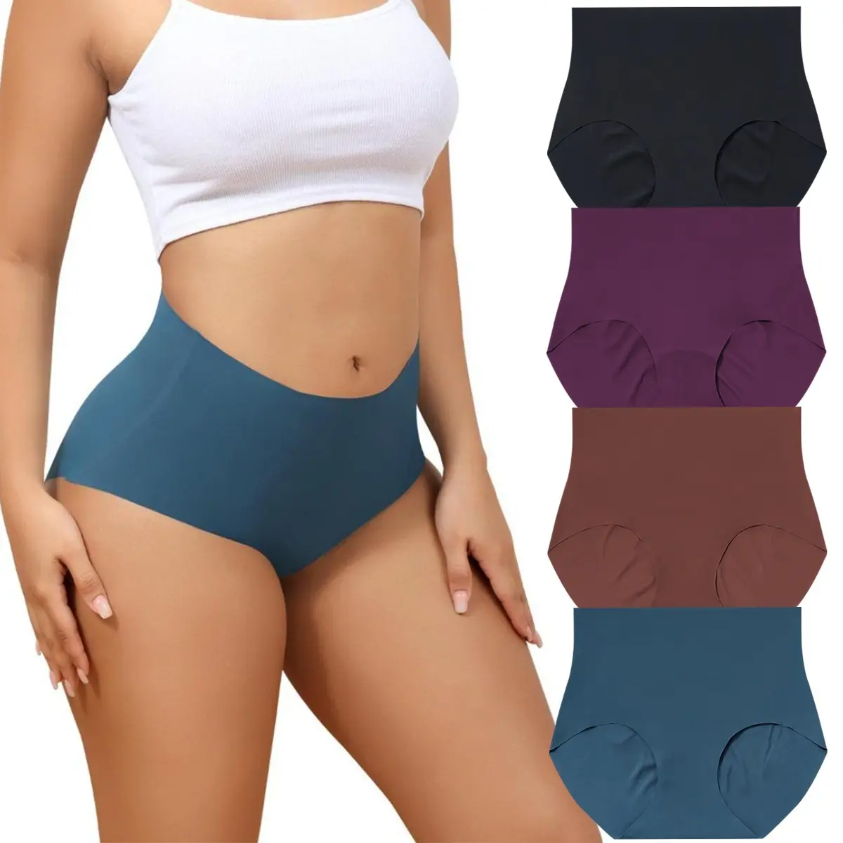 High Waisted Underwear for Women 4-Pack, Seamless Ribbed No Show Briefs with Full Coverage and Butt Lift for Daily & Workout Wear