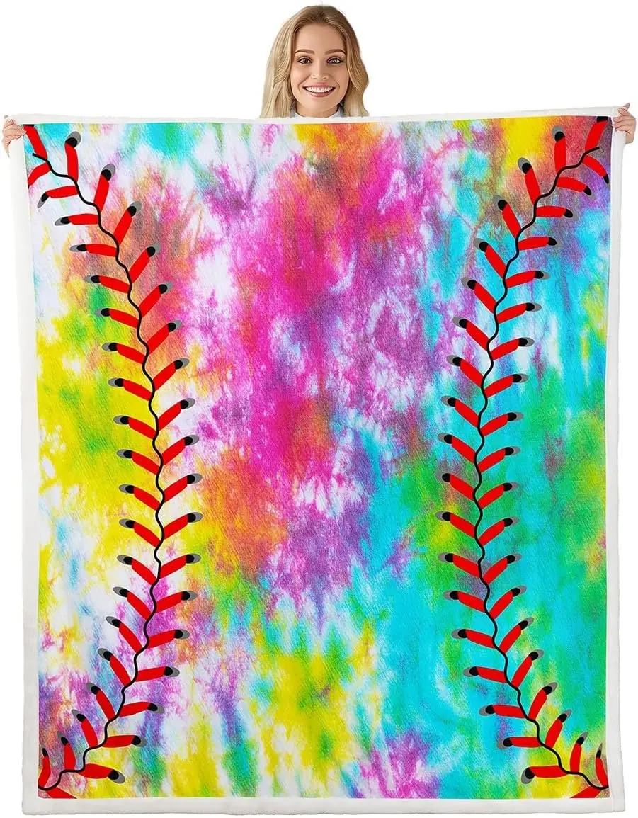 Feelyou Soft Lightweight Flannel Microfiber Fleece Throw Blanket - Bright Tie-Dye Colorful Prints Baseball Shape Sports Decor for Adults, Indoor/Outdoor Use, Colorful Prints Blankets, Baseball Shape Blankets