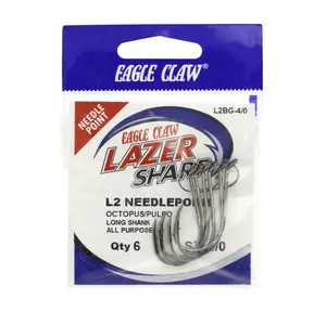Eagle Claw L2BG-4/0 Fishing Hooks 4/0 Needle Point Lazer Sharp Octopus Pulpo Long Shank All Purpose Hooks for Enthusiasts
