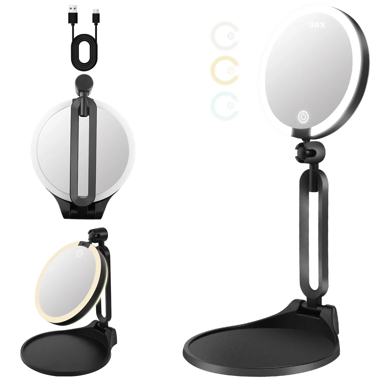 Magnifying Mirror with Light 30X/1X Double Sided Travel Makeup Mirror 3 Colors Dimming Lighting Rechargeable 6inch Foldable 360° Angle Adjustable Decor， Mother’s Day Gift，Travel Essential，Sprint Break