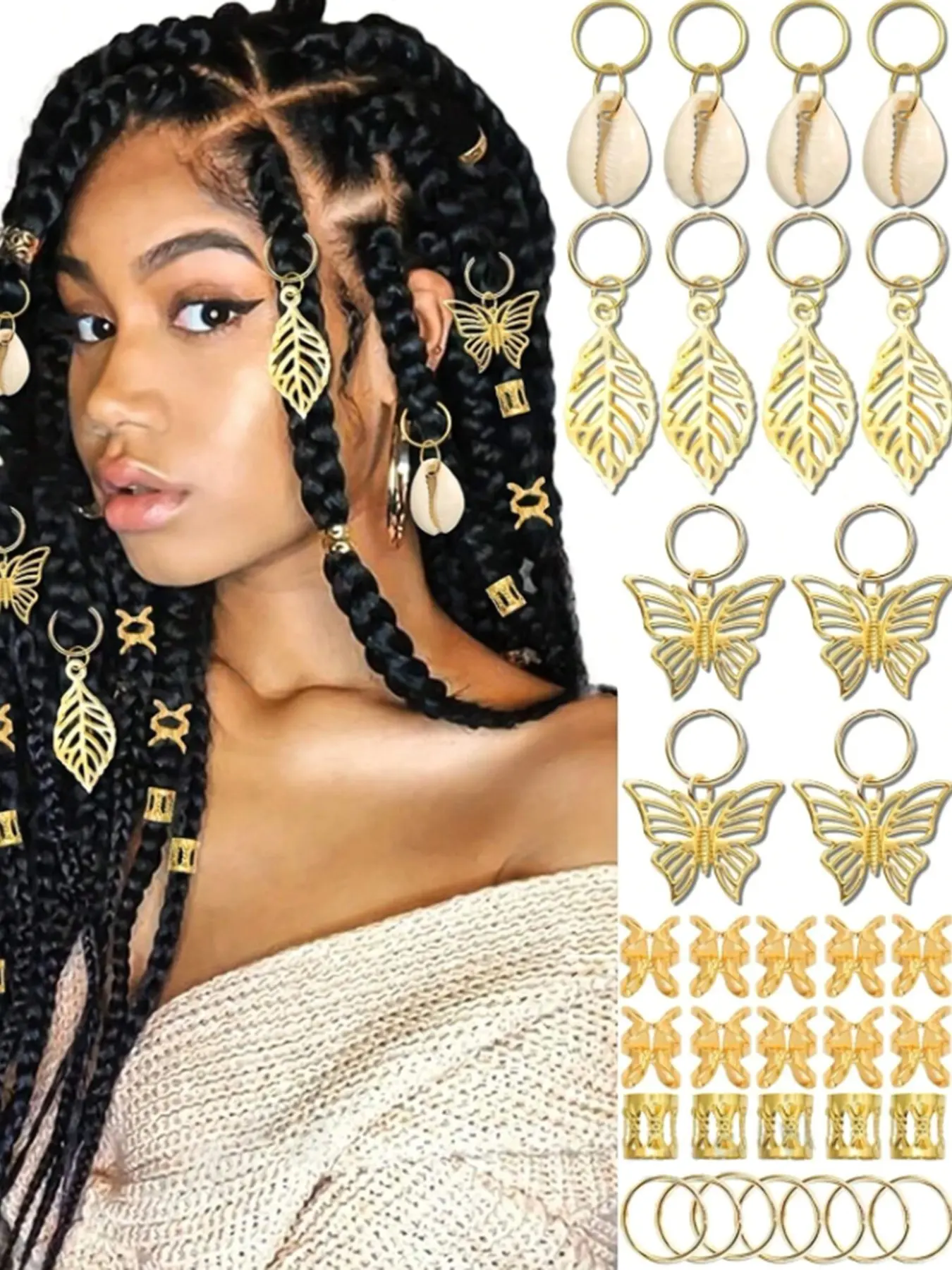 Butterfly Hair Jewelry Set, Versatile Dreadlock Cuffs & Shell Loc Accessory, Metal Braid Clip Ring Decorations for Women/girls Hairstyles, Womens Hairstyles