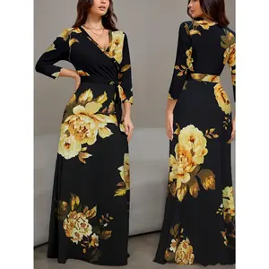 Women's Elegant V-Neck Wrap Maxi Dress with Belt - 3/4 Sleeve A-Line Floral Print Dress, Machine Washable Medium Stretch Fabric for All-Season Casual & Formal Wear, Versatile Fashion, Comfortable Fit, Evening Wear, Soft Texture, Fashion Lovers