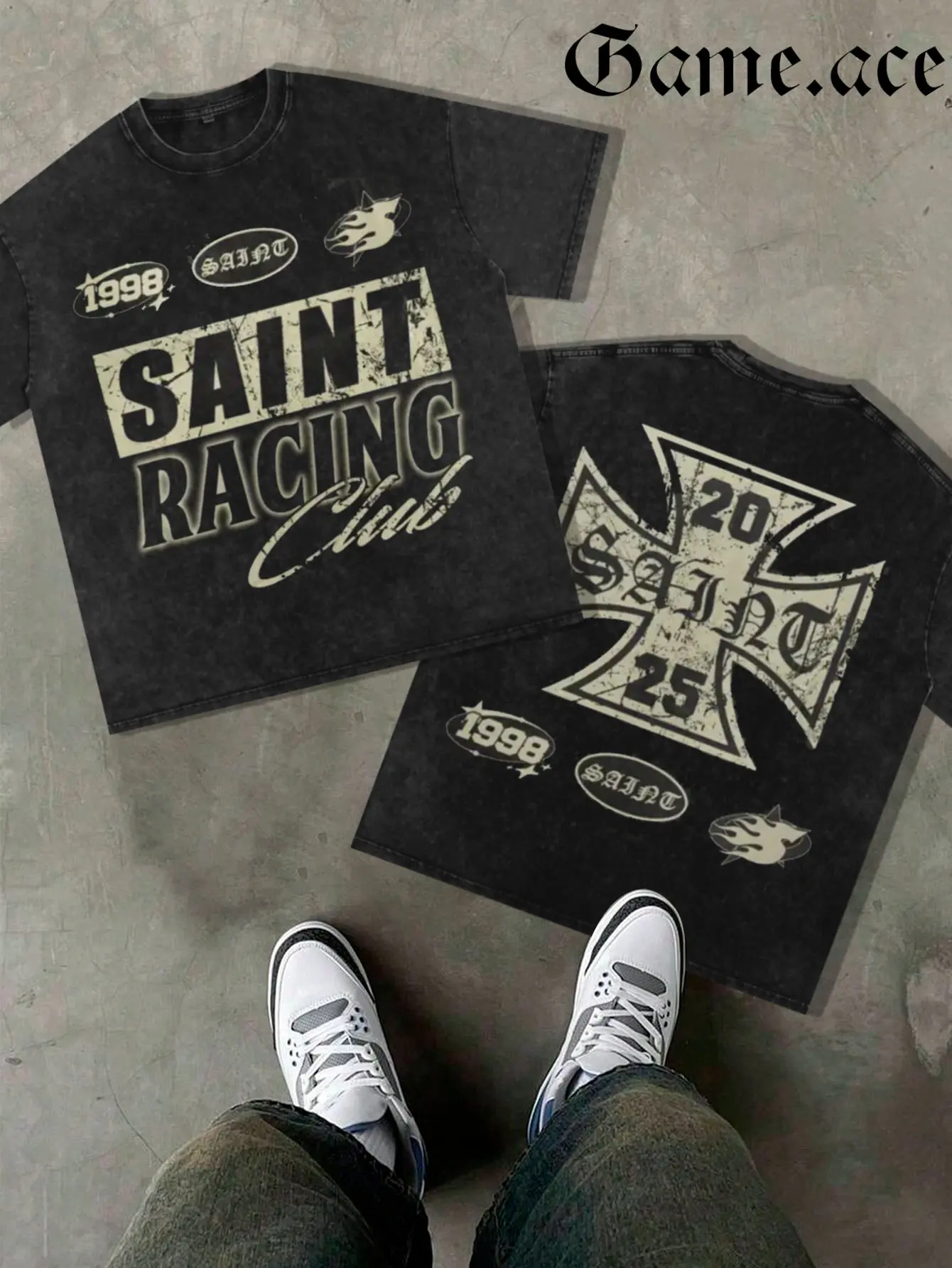 GAME.ACE Retro Washed Black Oversized Tee, "SAINT RACING Club" Cross & 1998 Graphic Print, Y2K Streetwear, 100% Cotton Breathable Unisex T-Shirt, Casual Daily Wear, Streetwear Meetups, Great Gift for Racing Fans