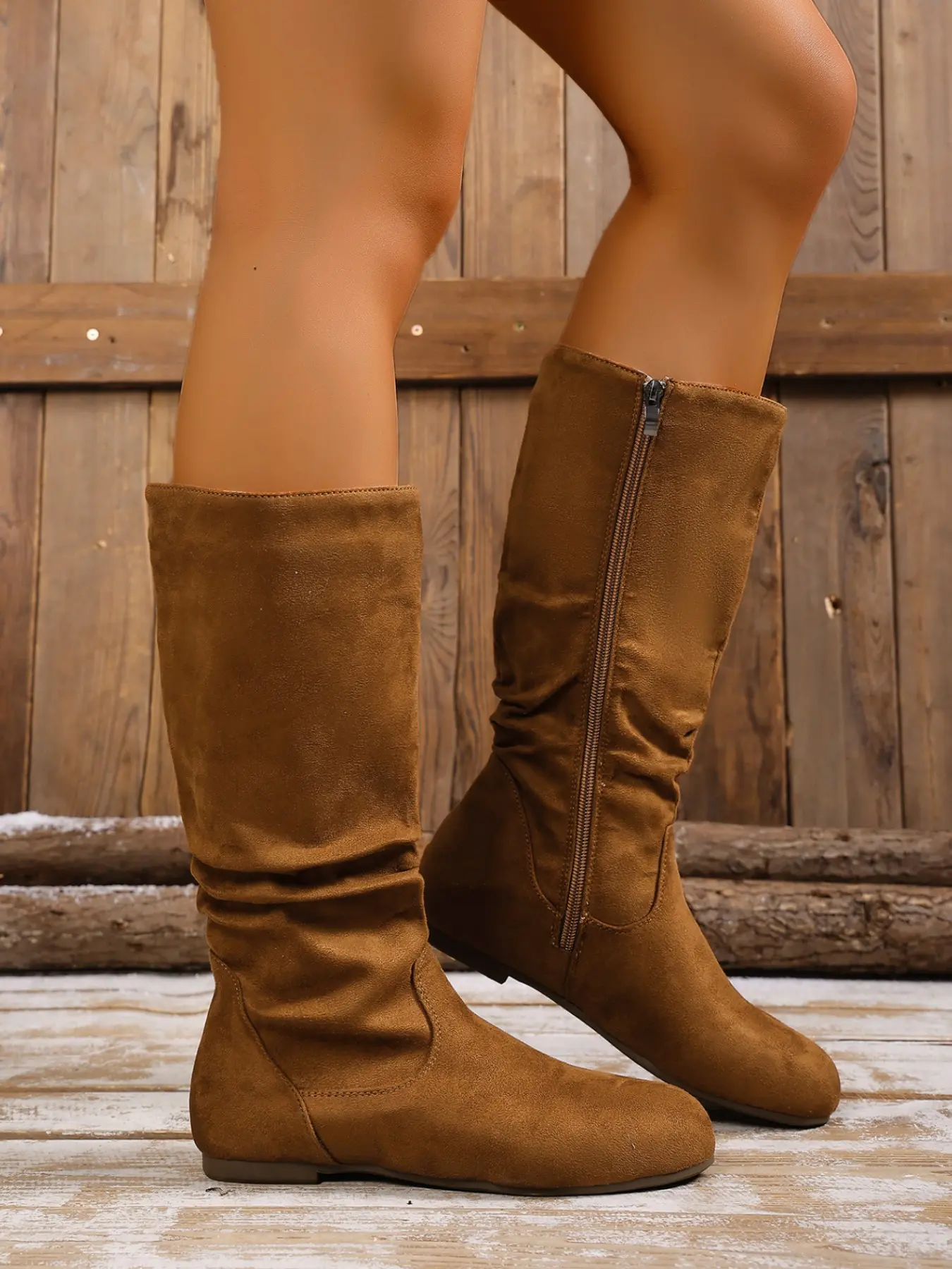 Women's Fashion Plain Round Toe Mid-Calf Boots, Anti-Slip Rubber Side Zip Flat Casual Long Boots, Comfortable Fall Winter Shoes