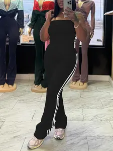 New Fashion Casual Two-Piece Sports Suit for Women, Fitted Regular Length Strapless Top with Flared Pants, Stylish Spring Attire, Athleisure Wear Set, Workout Sets, Sporty Style Clothes, Athleisure Outfit