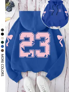 Autumn Winter Home Wear Single Piece, Number 23 Bow Print Hoodie, Casual Daily Versatile Top, Comfortable Loungewear