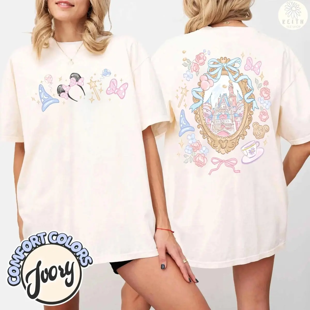 Gildan Pastel Castle Graphic Tee, Front and Back Coquette Bow Shirt, Whimsical Storybook Women’s T-Shirt Gift, Full Color Selection, Pick Your Favorite, Layer-Friendly, Works in Any Weather
