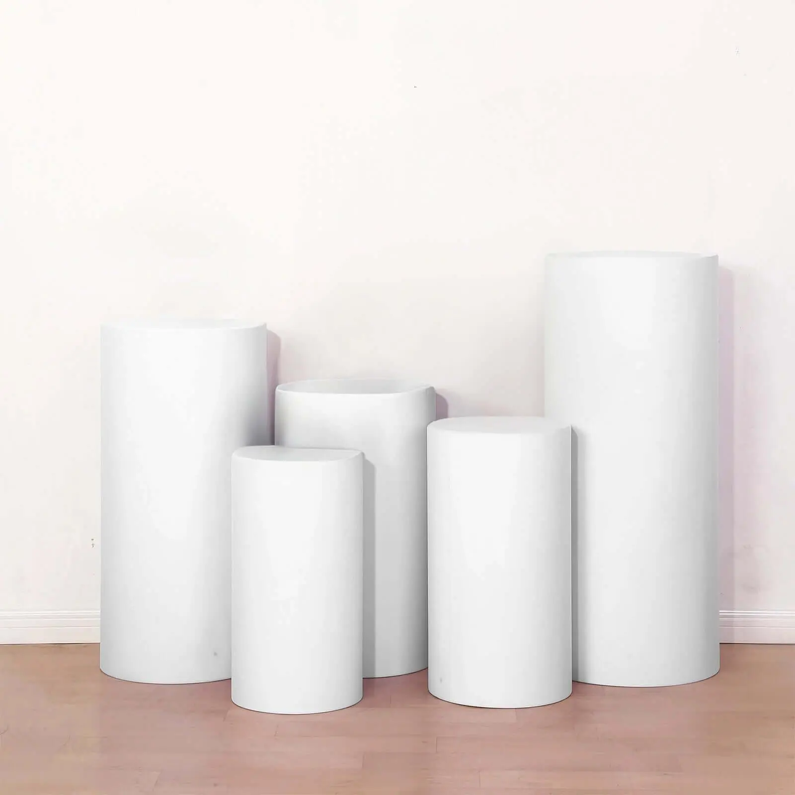 Set of 5 White Spandex Cylinder Pillar Prop Covers, Stretchable Pedestal Stand Covers - 160 GSM